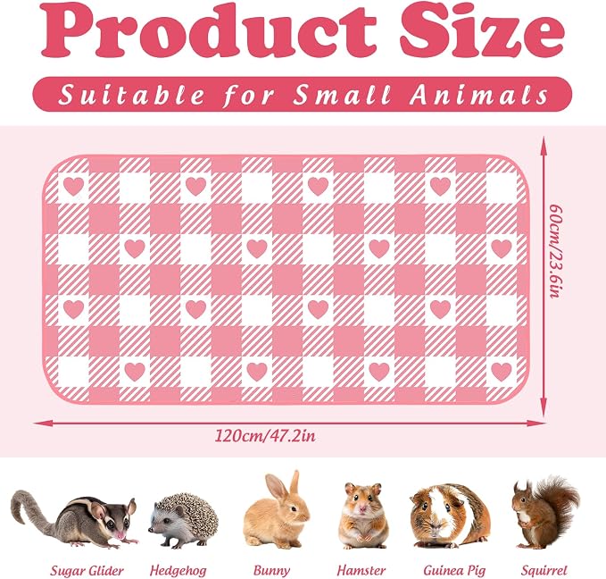 JarThenaAMCS 3 Pcs Checkered Guinea Pig Pee Pads 24 x 47 in Pink White Heart Reusable Bunny Squirrel Mat Washable Small Animal Cage Liner for Valentine's Day Rabbit Hamster Chinchilla Ferret Rat