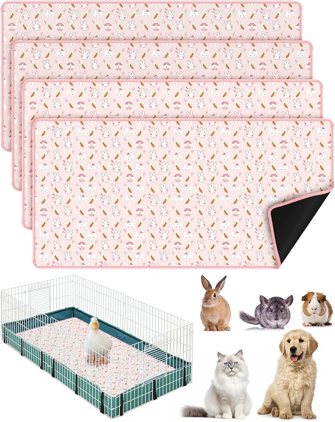 Bissap 4‑Pack Guinea Pig Cage Liners, 47''X24'' Pet Pee Pad Bedding, Pink | Non‑slip waterproof TPU layer, Super absorbent, Washable reusable bedding for guinea pig, rabbit, hamster, chinchilla, rat