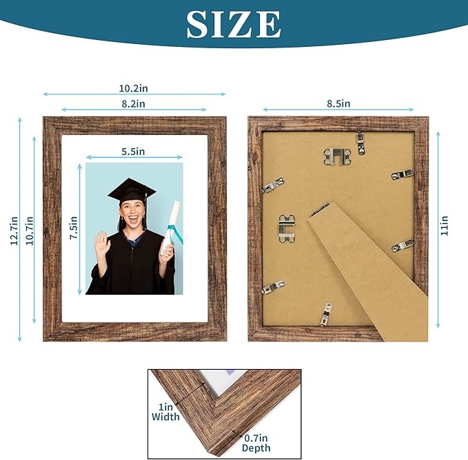 8.5 x 11 Picture Frame Set of 4, Made of Real Glass and Brown Certificate & Diploma Frame, 8.5 by 11 Photo for Wall or Tabletop - Display Picture 6x8 with Mat or 8.5x11 Without Mat