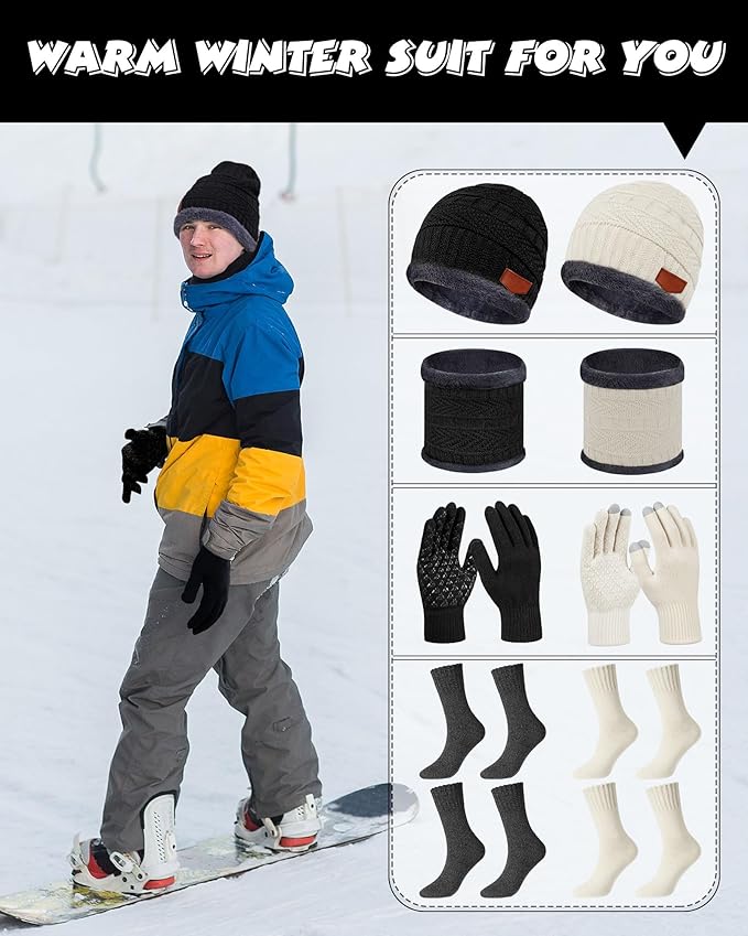 10 Pieces Winter Hat Beanie Scarf Touch Screen Gloves and Sock Set Slouchy Knit Skull Cap Beanies Fleece Lining Neck Warmer