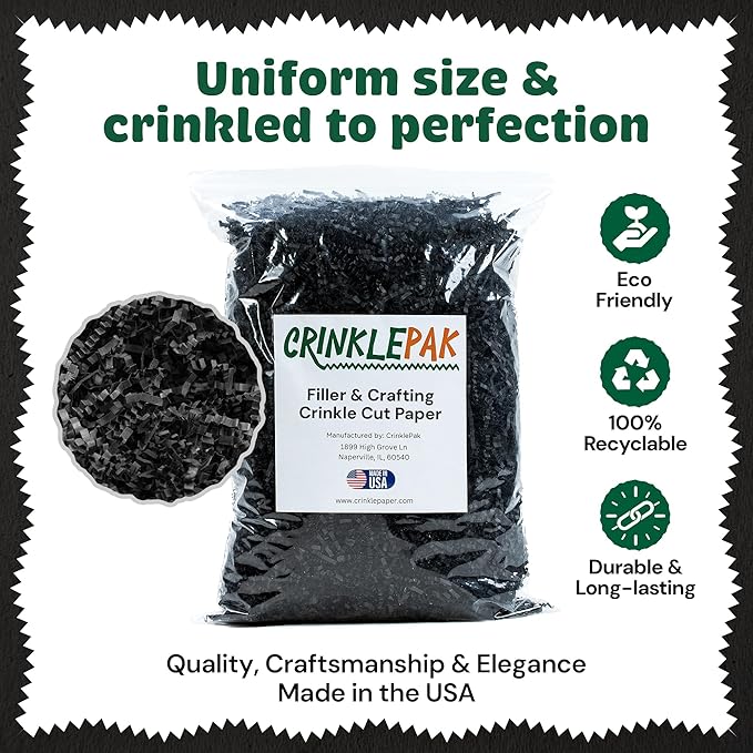 USA Made Crinkle Cut Paper Shred Filler Great for Shipping Packages, Gift Wrap, Basket Filling and All Other Occasions 8 OZ Black