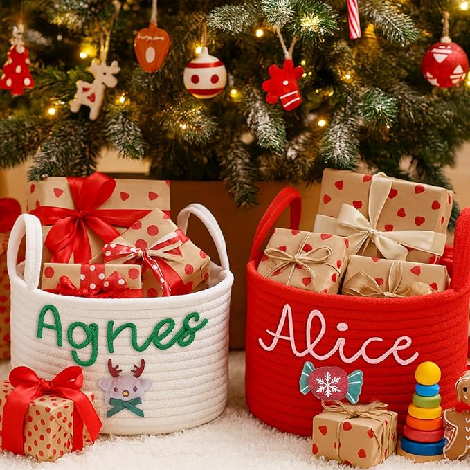 Custom Christmas Baskets for Gifts Empty, Personalized Woven Gift Basket with Kids Name, Baby Toy & Gifts Storage Basket With Name, Christmas Gift for Baby Kids Toddler