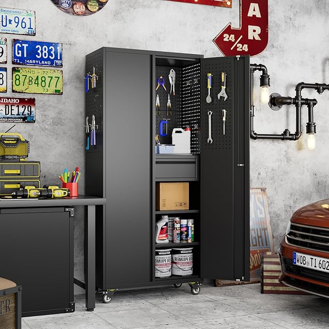 Garage Storage Cabinet with Wheels and Doors,Lockable Metal Storage Cabinet with Drawer Pegboard and Hooks for Garage Warehouse Home,Required Assembly,Black,71" H×15" D×30" W