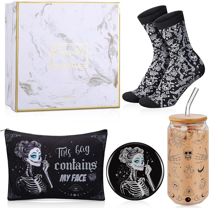 Kacctyen 5 Pcs Christmas Spooky Gifts for Women Witchy Gothic Gifts Stuff 16 oz Skeleton Glass Cups with Lids Straws Goth Makeup Bag Pocket Mirror Sock Goth Theme Box for Birthday Party Favors Friends