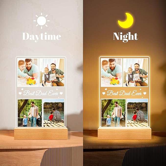 Best Dad Ever Gifts, Custom Collage Picture Frames with Night Light, Personalized Photo Frame, Customized Picture Frame with Photo, Personalized Christmas Birthday Gifts for Dad Baby Kids Family