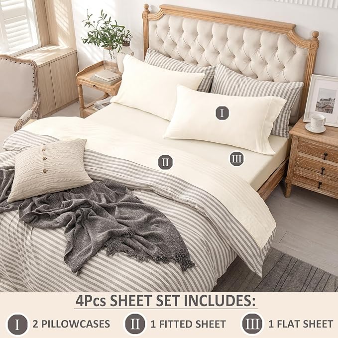 PURE ERA Jersey Knit 4pc Bed Sheet Set 100% T-Shirt Cotton Super Soft Comfy Breathable Fits Mattress Up to 20" Extra Deep Pocket (Solid Creamy White, Queen)