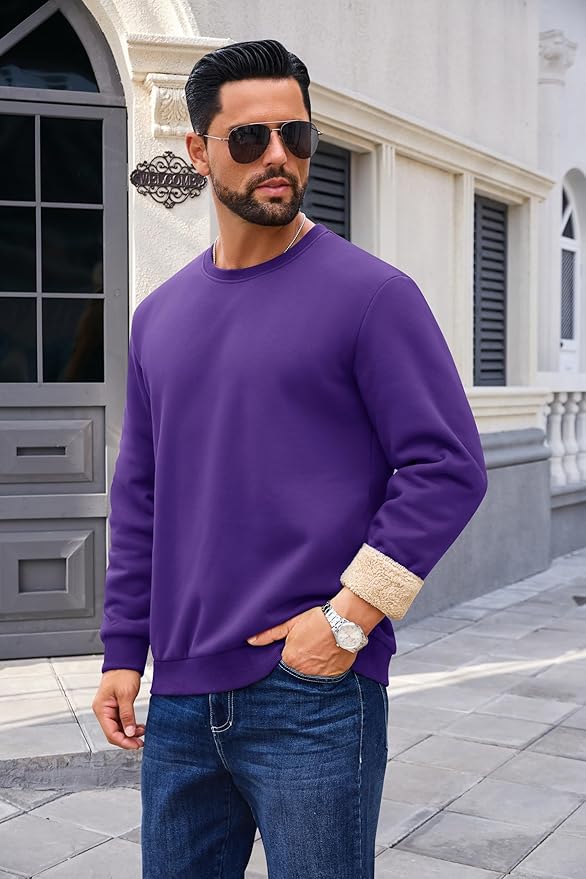 Boladeci Men's Full Sherpa Lined Crewneck Sweatshirts Heavy-weight Fleece Pullover Thick Thermal Long Sleeve Cotton