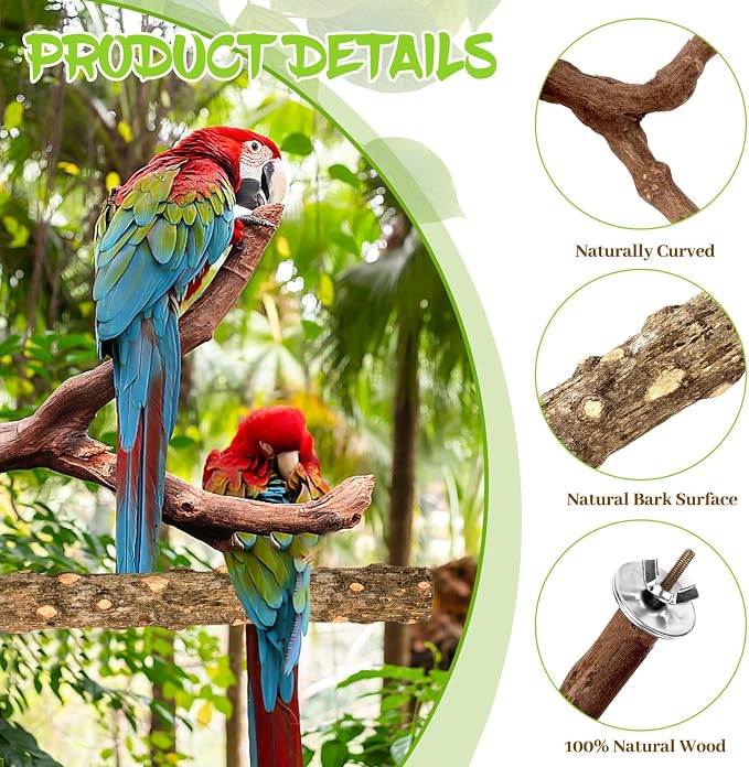 8 Pcs Natural Grape Wood Bird Perch & Platform Set for Cages | Ideal for Small/Medium Birds (Budgies, Conures) | Bark Textures for Foot Health | Tool-Free Wing-Nut | Safe Chewing