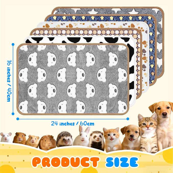Eilyliafe 6 Pcs Guinea Pig Bedding Cage Liners Small Animal Flannel Blankets Sleep Mat Absorbent Reusable Pet Pee Bedding Pad Cover for Hamster Ferret Chinchilla Rabbit Hedgehog (16 x 24 Inch, Multi)