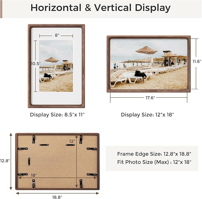 Heimlove 12x18 Picture Frames Natural Walnut,Original Wood Hand Make Crafted Certificate Frame with Mat to 8.5x11 Graduation Picture Display,Family Picture,Wedding Picture,Diploma,Photo Wall Mounted