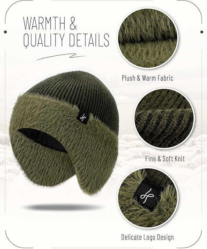 Winter Fleece-Lined Beanie with Earflaps, Warm Windproof Unisex Beanie Hat for Skiing, Hiking & Outdoor Winter Sports