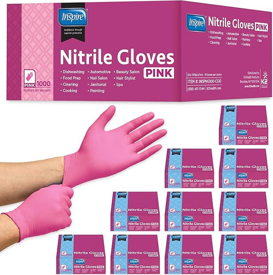 Inspire Pink Gloves Disposable Latex Free | Nitrile Pink Glove Hair and Nail Salon, Esthetician Nitrile Disposable Gloves