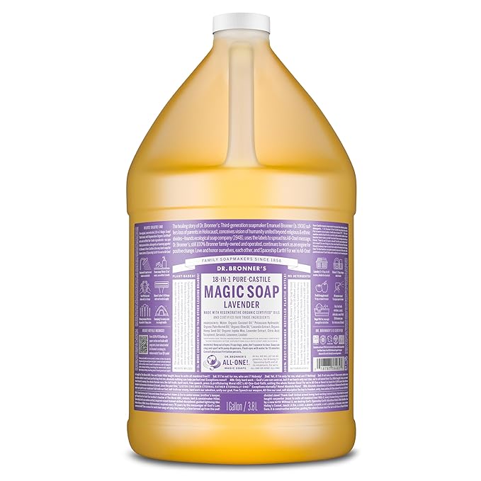 Dr. Bronner's Pure-Castile Magic Soap Liquid (Lavender, 1 Gallon) – Made with Regenerative Organic Certified Oils- For Face, Hair, Laundry, Dishes- Hand Soaps & Body Wash – Concentrated, Vegan