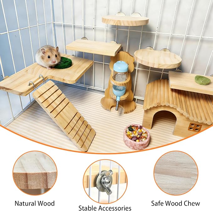 Hamster Cage Platform L-Shaped Wooden Hamster Cage Accessories Rat Climbing Toys Ledge with Ladder for Sugar Glider Mice Mouse Squirrel (M)