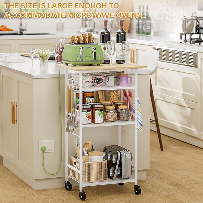ThreeHio Rolling Kitchen Microwave Cart, 4 Tier Microwave Table Stand with Storage, Kitchen Storage Rack on Wheels, Coffee Station Cart Rack Shelf Organizer for Living Room Office, Balcony