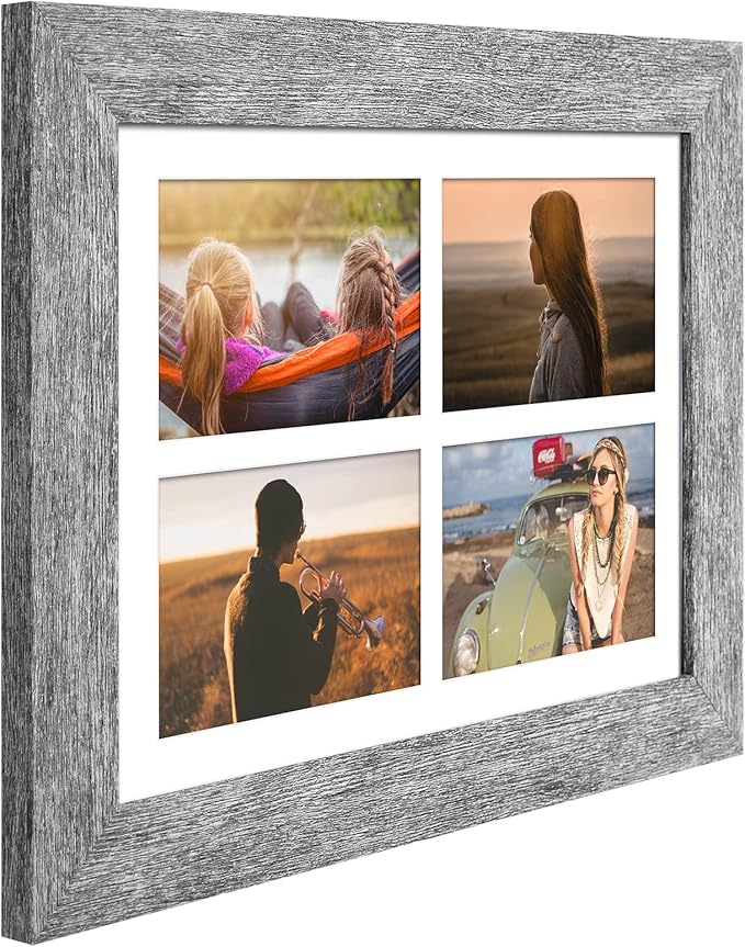 9x13 Picture Frame Display 4 opening 4X6 Picture Frame Collage,Multi Photo Frame with Mat,Plexiglass,Wall or Tabletop Decor,Grey Wood Grain