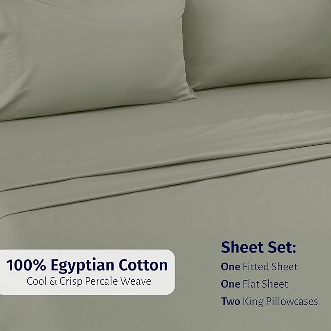 California Design Den King Percale Sheets Set - Certified 100% Egyptian Cotton, Lightweight & Crisp Percale King Bed Sheets Egyptian Cotton Set, Deep Pocket Luxury Bedding (Sage Mist - Grey Tone)