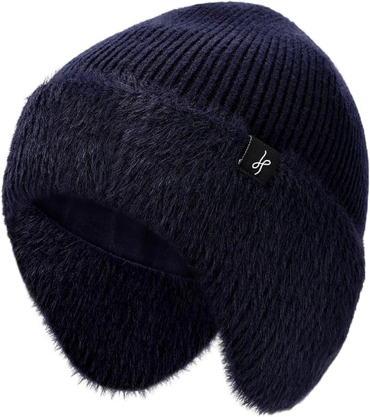 Winter Fleece-Lined Beanie with Earflaps, Warm Windproof Unisex Beanie Hat for Skiing, Hiking & Outdoor Winter Sports