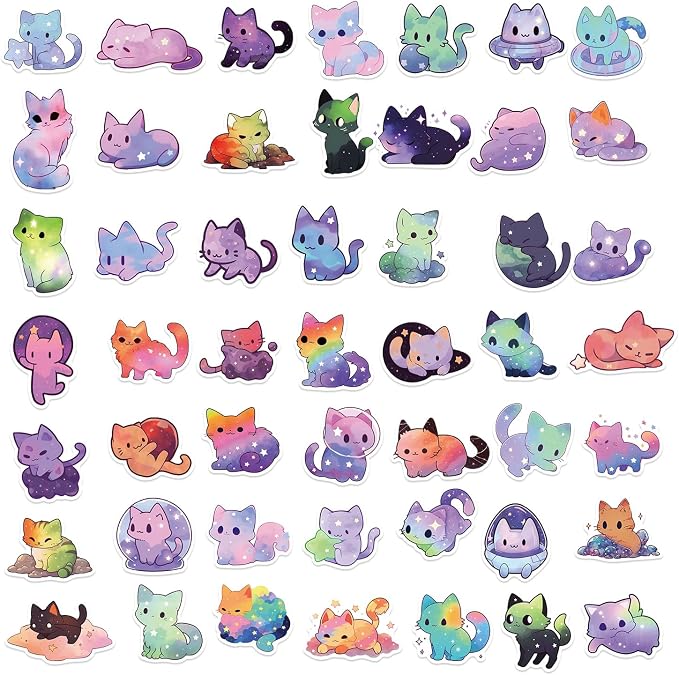 50Pcs Cats Sticker, Cute Starry Sky Cats Stickers for Kids Teens Adults, Vinyl Cartoon Pink Animals Decals Kawaii Sticker for Decor Water Bottles Laptops Guitar Scrapbook (Starlight Cat)
