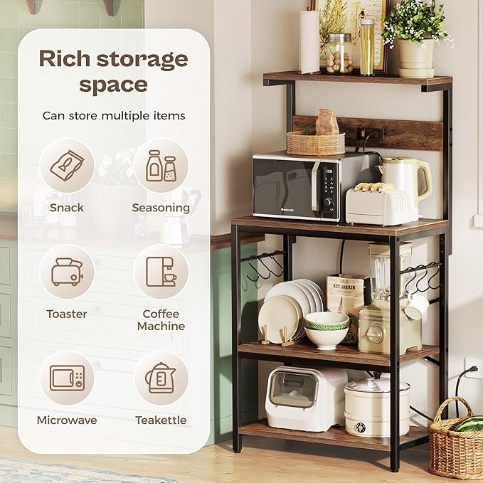 SUPERJARE Kitchen Bakers Rack with Power Outlet, Coffee Bar Table 4 Tiers, Kitchen Microwave Stand with 6 S-Shaped Hooks, Storage Shelf Rack for Spices, Pots and Pans - Rustic Brown