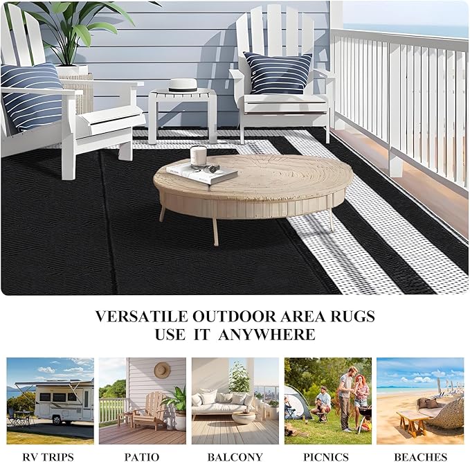 Patio Modern Border Outdoor Rug 10x14 Waterproof Large Reversible Camping Mat Foldable Lightweight Plastic Straw Outdoor Rug for Deck, Picnic, Porch, Camper, Balcony, Beach, Rv，Black/White
