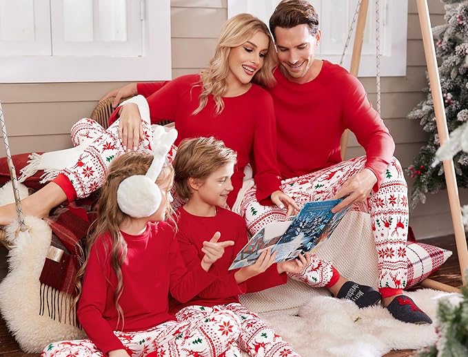 Ekouaer Family Matching Pajamas Christmas Sleepwear Long Sleeve Sleep Shirt with Plaid Pants Soft Loungewear Pjs Set S-XXL