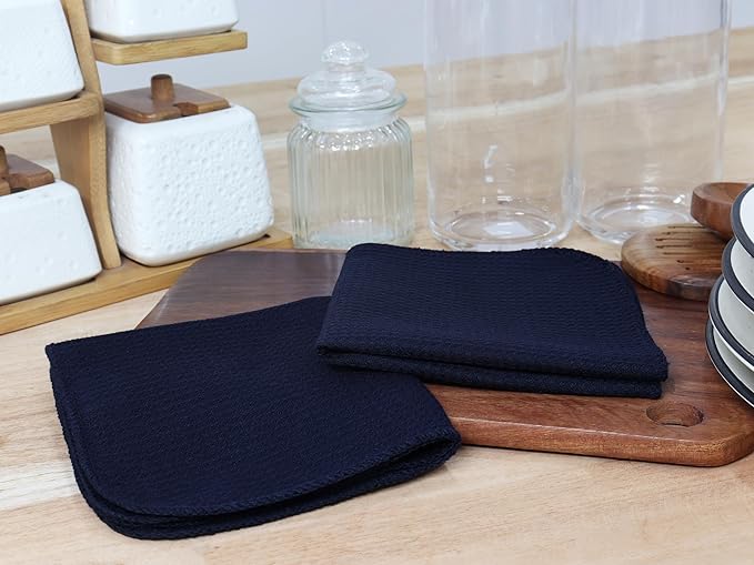 PurpleEssences Dish Cloths and Dish Rags - 8 Pack Waffle Weave Solid Kitchen Dish Wash Cloths, 100% Cotton, 12 x 12 Inches, Ultra Soft Absorbent Quick Drying - Christmas Holiday Winter - Navy Blue
