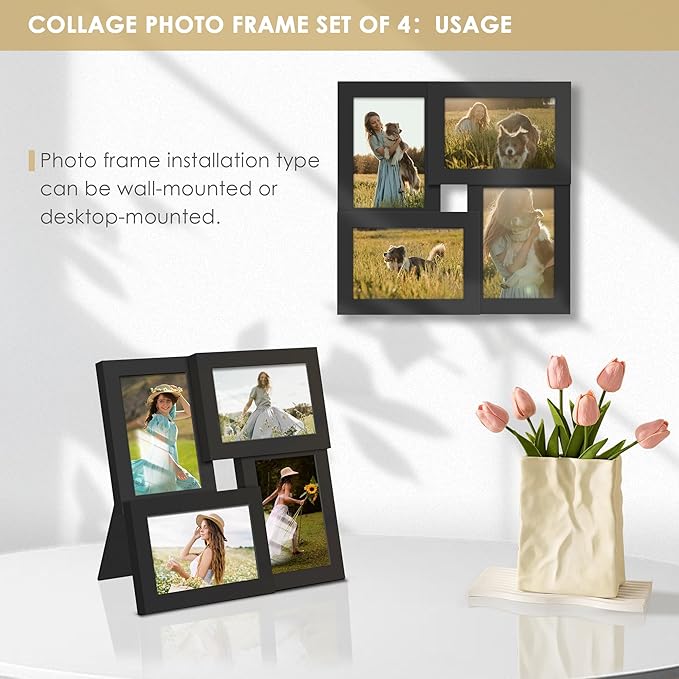 4x6 Collage Picture Frame Tempered Glass Front, Displays Four 4x6 Photo, Family Photo Collage Frame, Wall Decor Wall Hanging or Tabletop, Black
