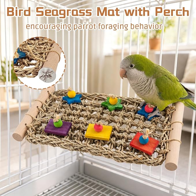FlidRunest Conure Ladder Perch with Colorful Wood Chew Block | Natural Parrot Seagrass Foraging Mat, Bridge Stands Climbing Hammock Chewing Activity Toy for Parakeets, Lovebird