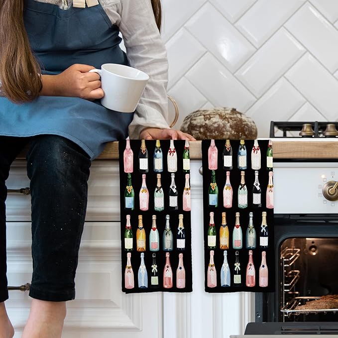 Black Champagne Lover Kitchen Towels Set of 2, Champagne Accessories Home Bar Bathroom Decor, Champagne Gifts for Women, Cocktail Gift Bachelorettes Decorative Tea Dish Towels 16x24 Inch