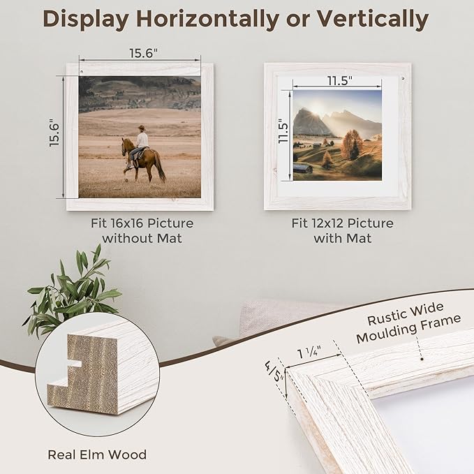 Fun Memories Square Wooden Picture Frame - 16x16 Tempered Glass, Wall Mountable, White, 1 Pack