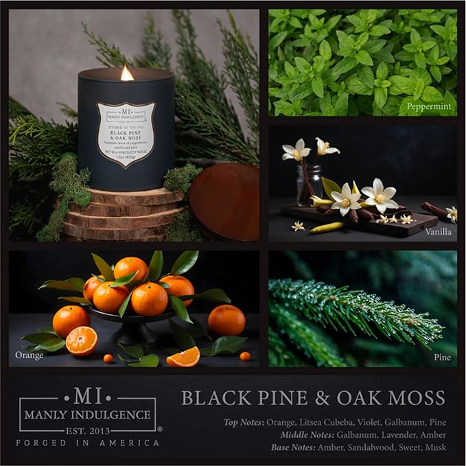 Manly Indulgence Black Pine Oakmoss Scented Candles for Men, 15 oz Wooden Wick, Premium Soy Blend Wax, 60H Burn, Candles for Home Scented - Made in The USA