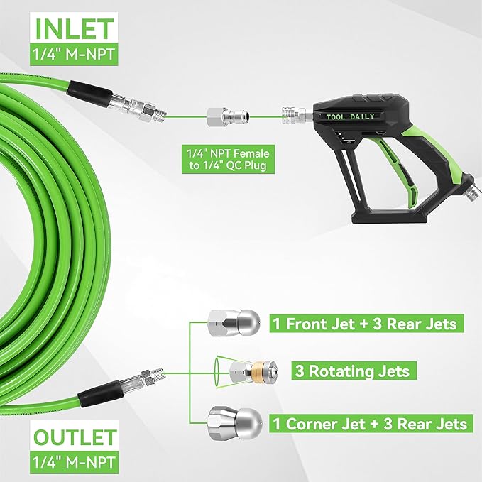 Tool Daily Sewer Jetter Kit for Pressure Washer 150 FT, Short Power Washer Gun, Drain Cleaner Hose 1/4 Inch NPT, Corner, Rotating and Button Nose Sewer Jetting Nozzle, 3600 PSI