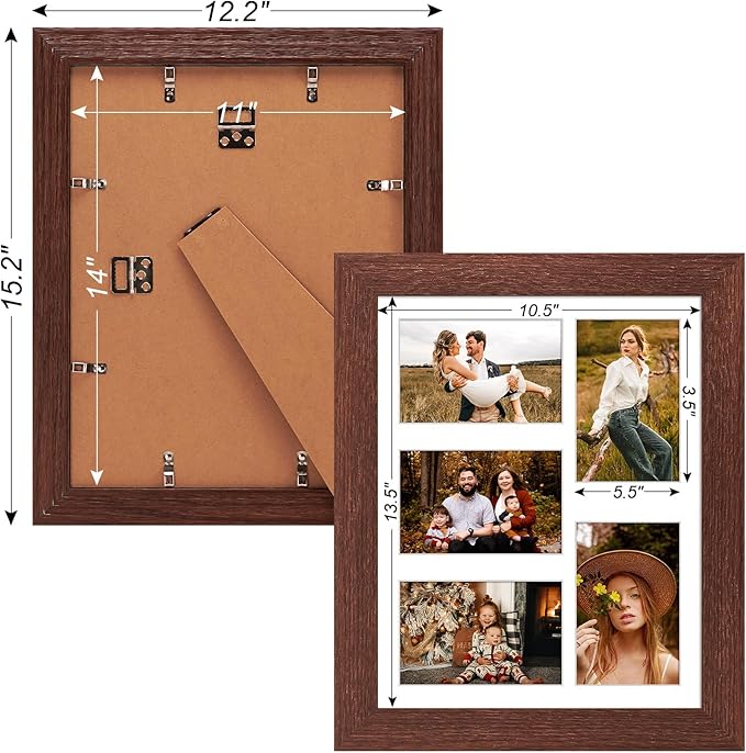 11x14 Picture Frame Display 5 opening 4X6 Picture Frame Collage,Multi Photo Frame with Mat,Plexiglass,Wall or Tabletop Decor,Walnut Wood Grain