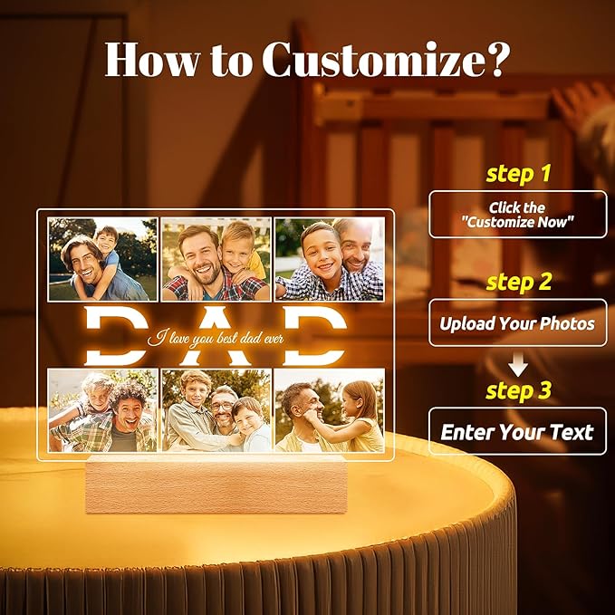 Personalized Birthday Gifts for Dad from Daughter Son, Custom Picture Frames with Photos, Customized Photo Frame with Night Light, Personalized Christmas Gifts for Dad Baby Kid Family