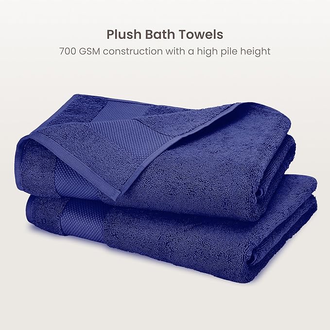BIOWEAVES 100% Organic Cotton 700 GSM Plush Luxury Bath Towels for Bathroom 30" x 58" GOTS Certified - Navy Blue, Pack of 2