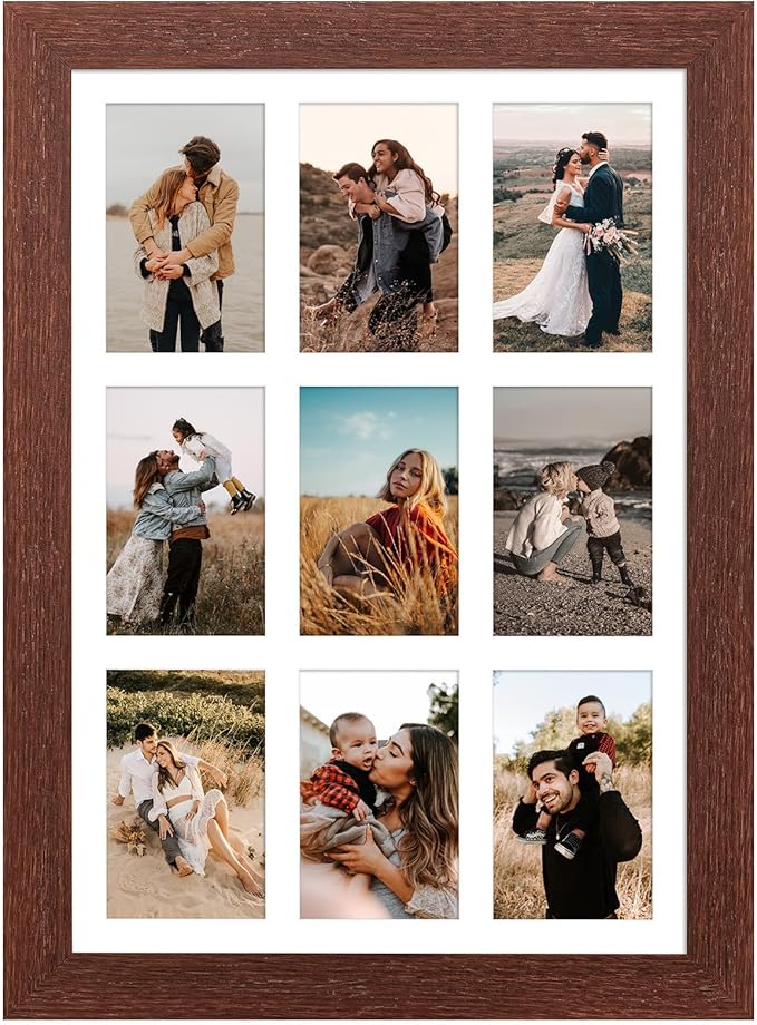 13.5x19.5 Picture Frame Display 9 opening 4X6 Picture Frame Collage,Multi Photo Frame with Mat,Plexiglass,Wall or Tabletop Decor,Walnut Wood Grain