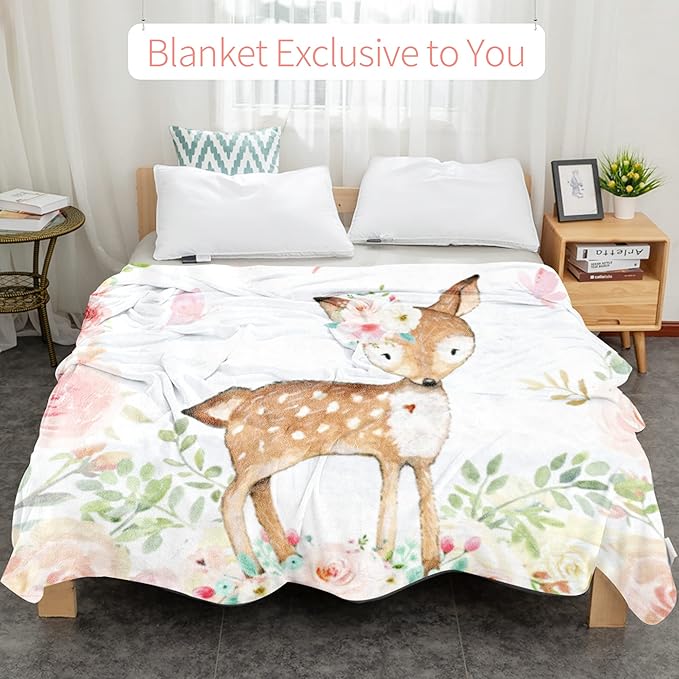 Personalized Deer Baby Blanket for Girl, Custom Name Blanket for Newborn Girl, Soft Flannel Toddler Blanket Customized Gift for Birthday Christmas Baby Shower 30" X 40"