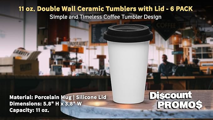 DISCOUNT PROMOS 11 oz. Double Wall Ceramic Tumblers with Lid - 6 Pack - Black