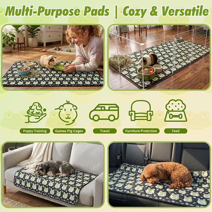 2PCS Reusable Guinea Pig Cage Liners,28"x42"Washable Fast Absorbent Odor Resistant Anti-Slip Training Pee Pads, Funny Frog Pattern,Options for Guinea Pigs, Rabbits, Hamsters, Rats, Chinchillas