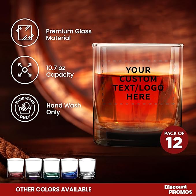 Custom Lexington Rocks Whiskey Glass 10.5 oz, Set of 12, Personalized Bulk Pack - Perfect for Scotch, Bourbon, Whiskey, Cocktail - Black