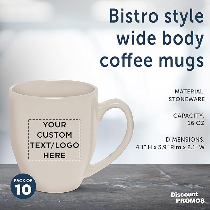 Custom Large Coffee Cups 16 oz. Set of 10, Personalized Bulk Pack - Perfect for Tea, Espresso, Cappuccino, Hot Cocoa - Grey