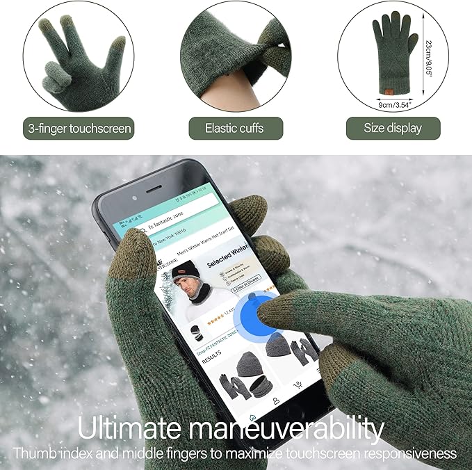 Womens Winter Warm Knit Beanie Hat Long Scarf Touchscreen Gloves Set with Fleece Lined Pom Skull Cap Gifts for Women