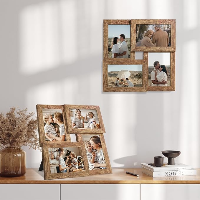 4x6 Collage Picture Frames Set of 1, Multi Family Photo Frame with Real Glass, Displays Four 4x6 Photo, Wall Decor Wall Hanging or Tabletop, Distressed Brown