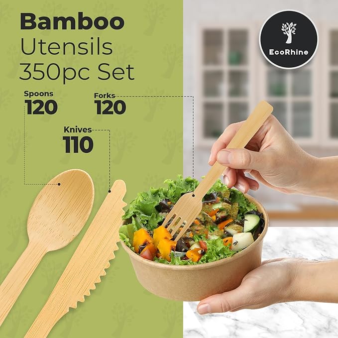 Disposable Bamboo Cutlery Set - 350 PCS Bamboo Utensil Set with 120 Compostable Forks, 120 Spoons, and 110 Knives - Disposable Cutlery Set for Outdoor, Party, Camping & More