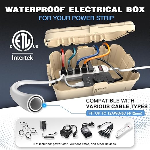 Flemoon Outdoor Electrical Box Waterproof, IP54 Waterproof Extension Cord Cover, Protect Outlet, Plug, Socket, Timer, Power Strip, Holiday Light, Large Weatherproof Connection Box, Almond