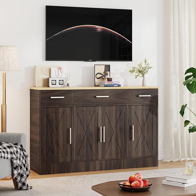 Shintenchi Buffet Cabinet with Storage,53.4" Large Kitchen Storage Cabinet with 3 Drawers and 4 Doors,Wood Farmhouse Buffet Sideboard with Adjustable Shelf for Kitchen Living Room, Brown