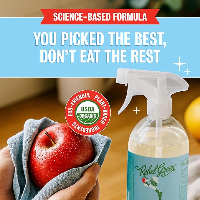 Rebel Green Fruit & Veggie Clean - Plant-Based Produce Cleaner - Natural Fruit & Vegetable Wash with No Aftertaste - Chemical & Wax Removal - 16 Fluid Ounces Bottle & 64 Fluid Ounces Bottle