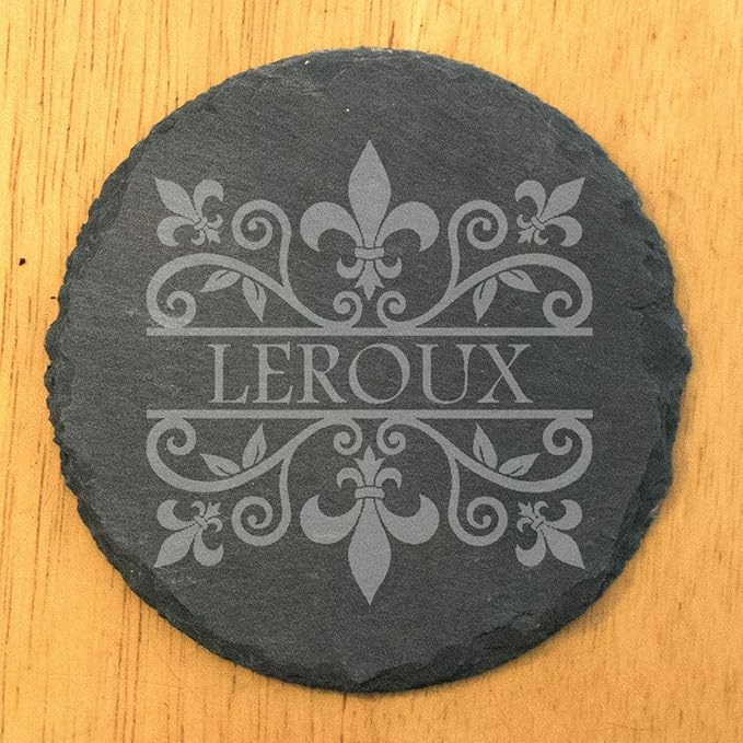 A Touch of Class: Personalized Fleur de Lis Coasters with Monogram - Round Slate - Set of 4