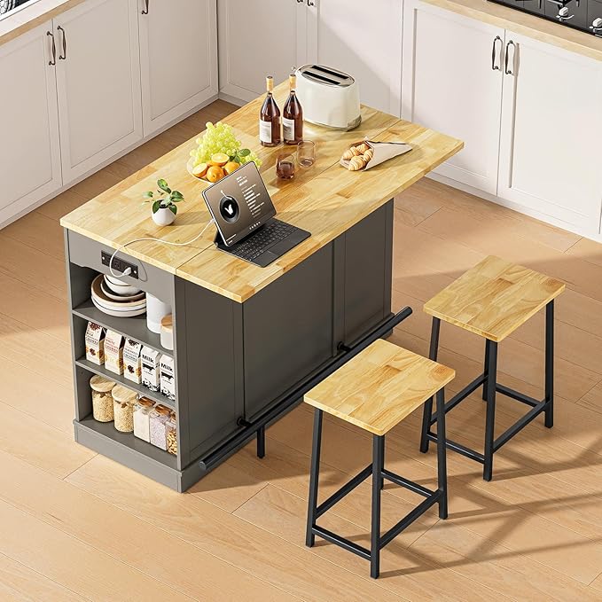 ONBRILL Stationary Kitchen Islands Include 2 Chairs, 47" Kitchen Island with Drop Leaf, Home Bar Table with Spice Rack & with Trash Cabinet, Island Table for Dining Room with Power Outlet, Grey